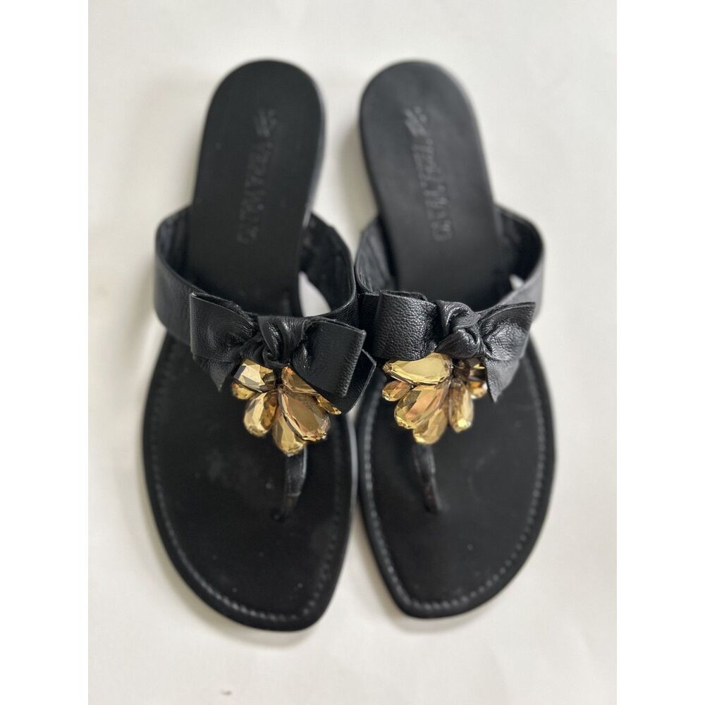 Black Leather Flip Flop Slippers Gold Colored Rhinestones